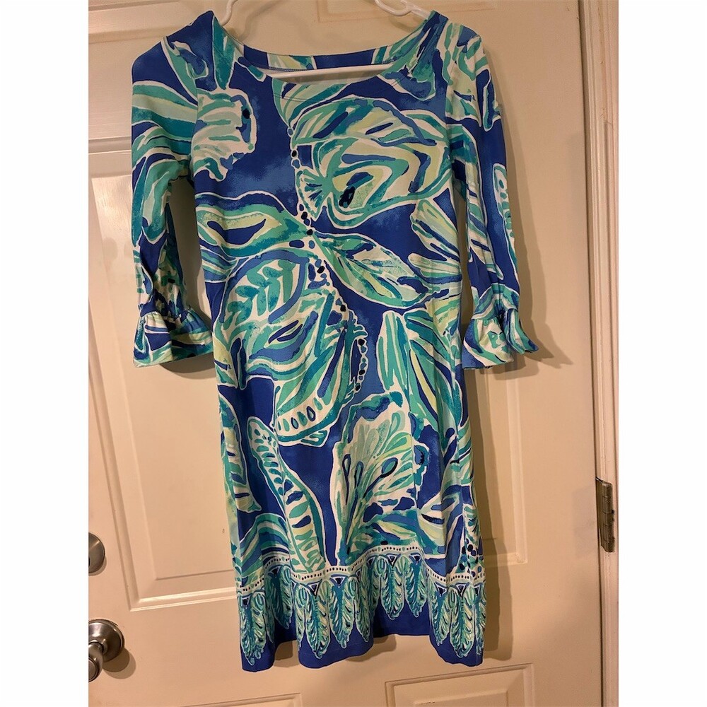 Lilly Pulitzer Sophie Shift Dress Womens 2XS Blue Green Palm Print